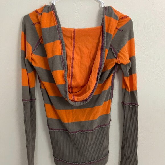 NWOT Free People - Orange and Grey Striped Long Sleeve Hooded Top - Size XS - Picture 3 of 4